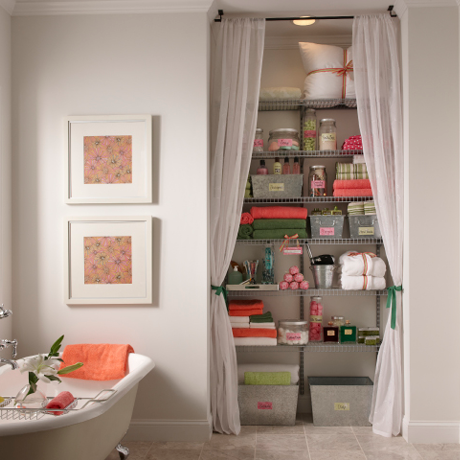 Wire Shelving in Bathroom Linen Closet