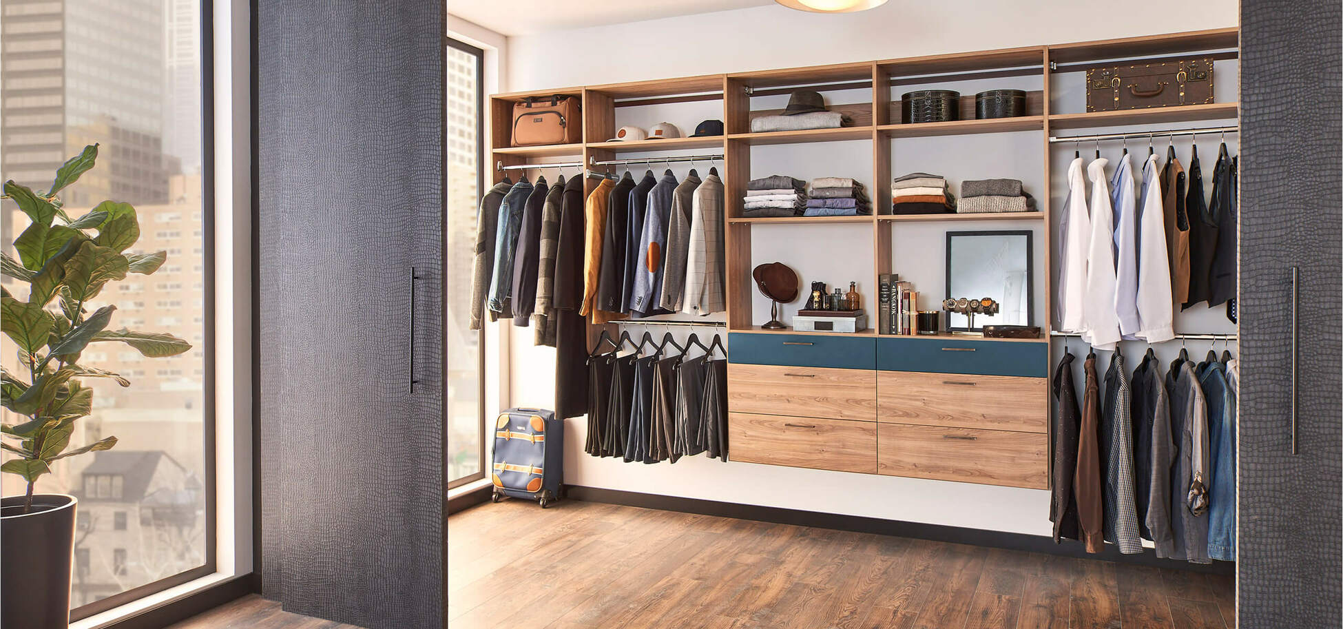 Wood Shelving and Closet Drawer Units in Bedroom Closet