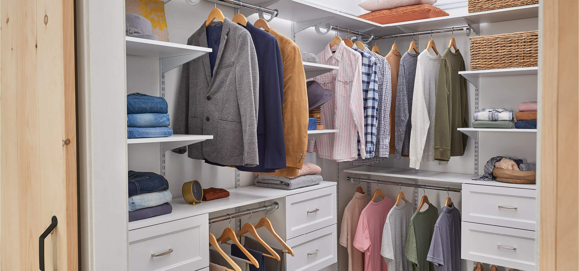 Wood Shelving and Closet Drawer Units in Bedroom Closet