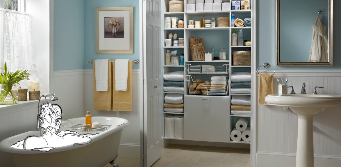 A well organized bathroom lets you luxuriate and wash away the worries of the day with ease. MasterSuite®’s accessories, including wire drawers and a hamper, are perfect for use in a linen closet.  Design your MasterSuite bathroom retreat. 