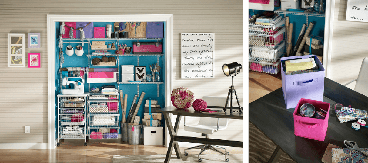 Transform a reach-in closet into craft storage with strategically placed wire shelving and drawers.  Learn about ShelfTrack®. 