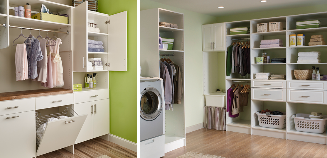 Doing the laundry is easier when everything has its place. Add storage to your laundry area by installing a few cabinets to keep your detergents conveniently and safely stowed – or consider hang rods and drawers to improve the functionality.  See more laundry room designs for inspiration in our dedicated photo gallery.  