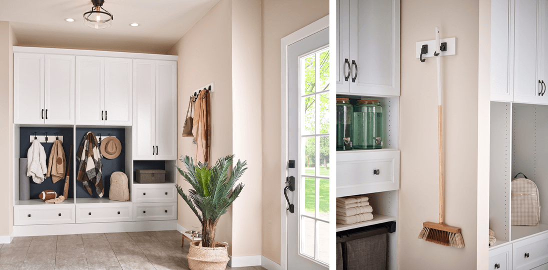 Give everyone their own storage area and hide unsightly necessities behind pretty doors in your mudroom. Matching hooks add hanging space on unused walls.  Explore MasterSuite ® .
