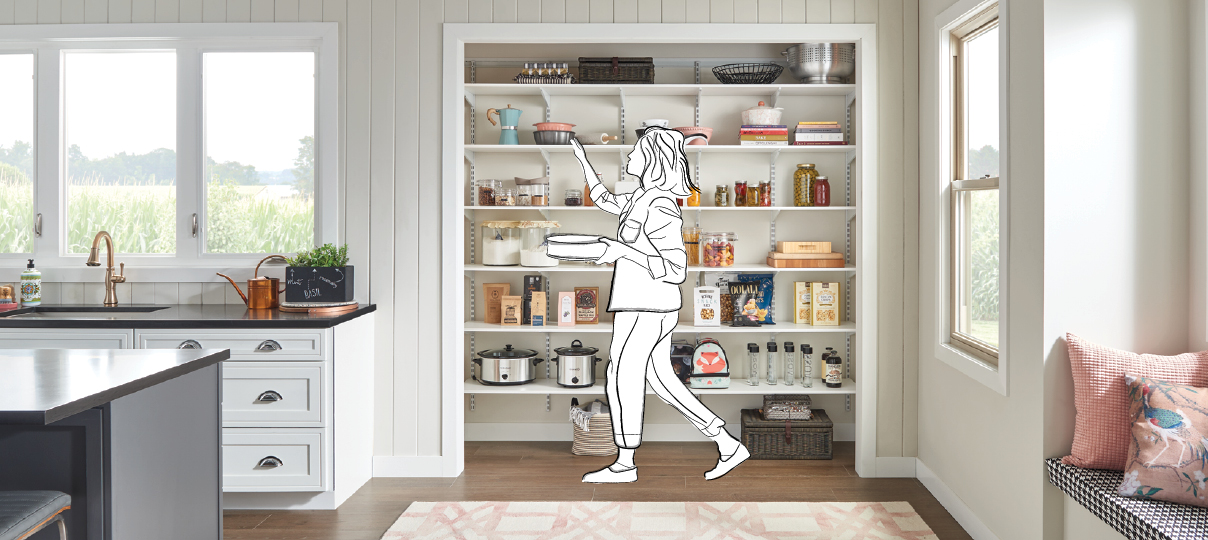 A clean, fresh look and an adjustable design give you the beauty and flexibility you crave in your kitchen pantry.  Begin planning your pantry. 