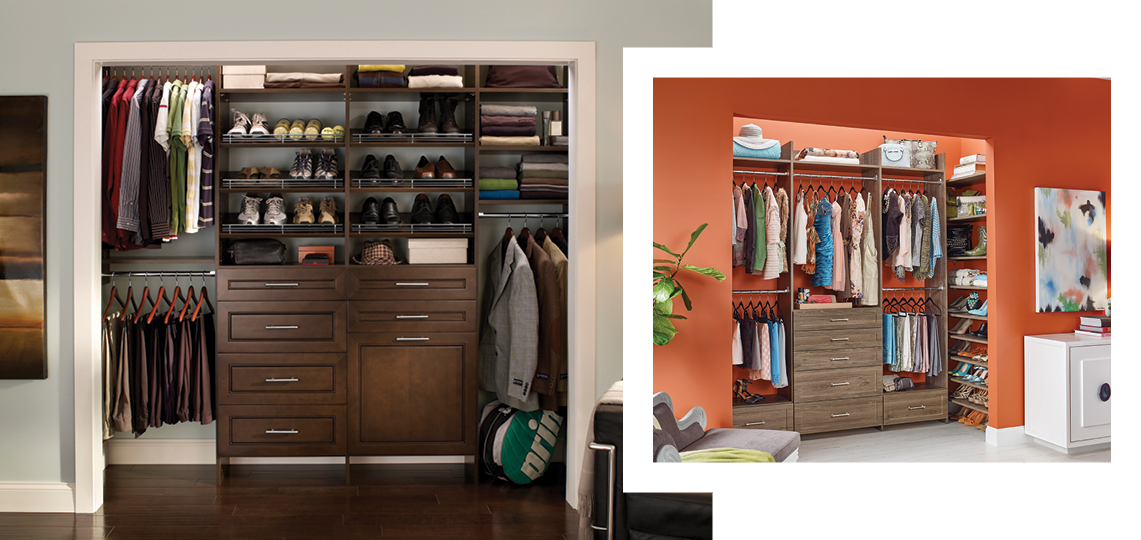 A reach-in closet can be customized to suit your storage requirements and aesthetic preferences. MasterSuite comes in nine finishes and nearly endless configurations.  View other bedroom closet designs in our gallery.  