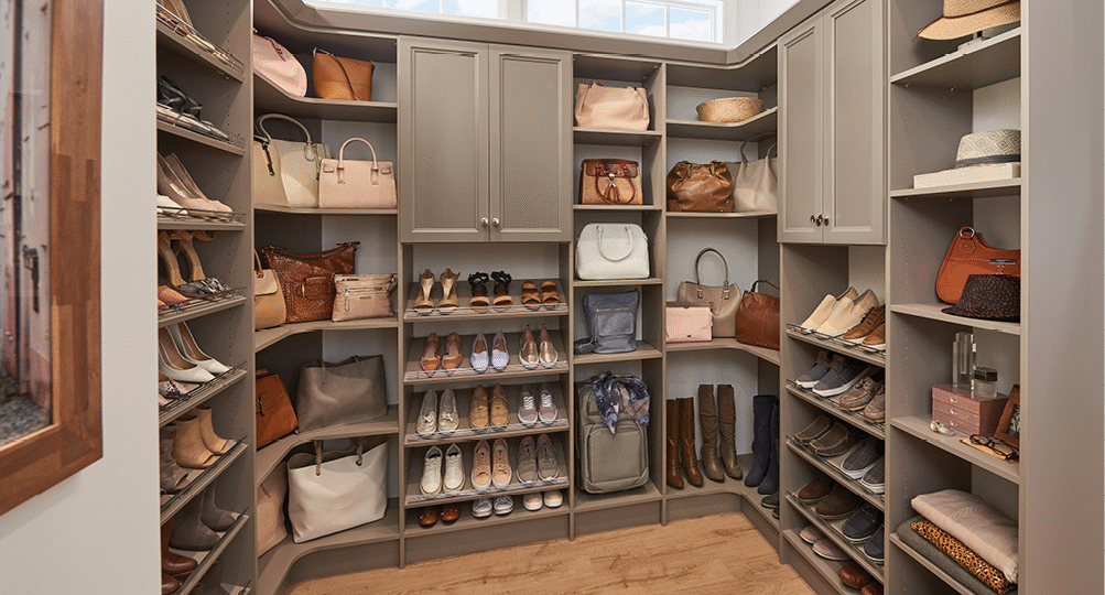 If you’re lucky enough to have space in your closet to devote to your accessories, you might know that laying out the cabinetry to perfectly display and organize all those shoes, handbags, hats and tall boots requires expertise.  Reach out to your ClosetMaid Concierge for professional design assistance. 