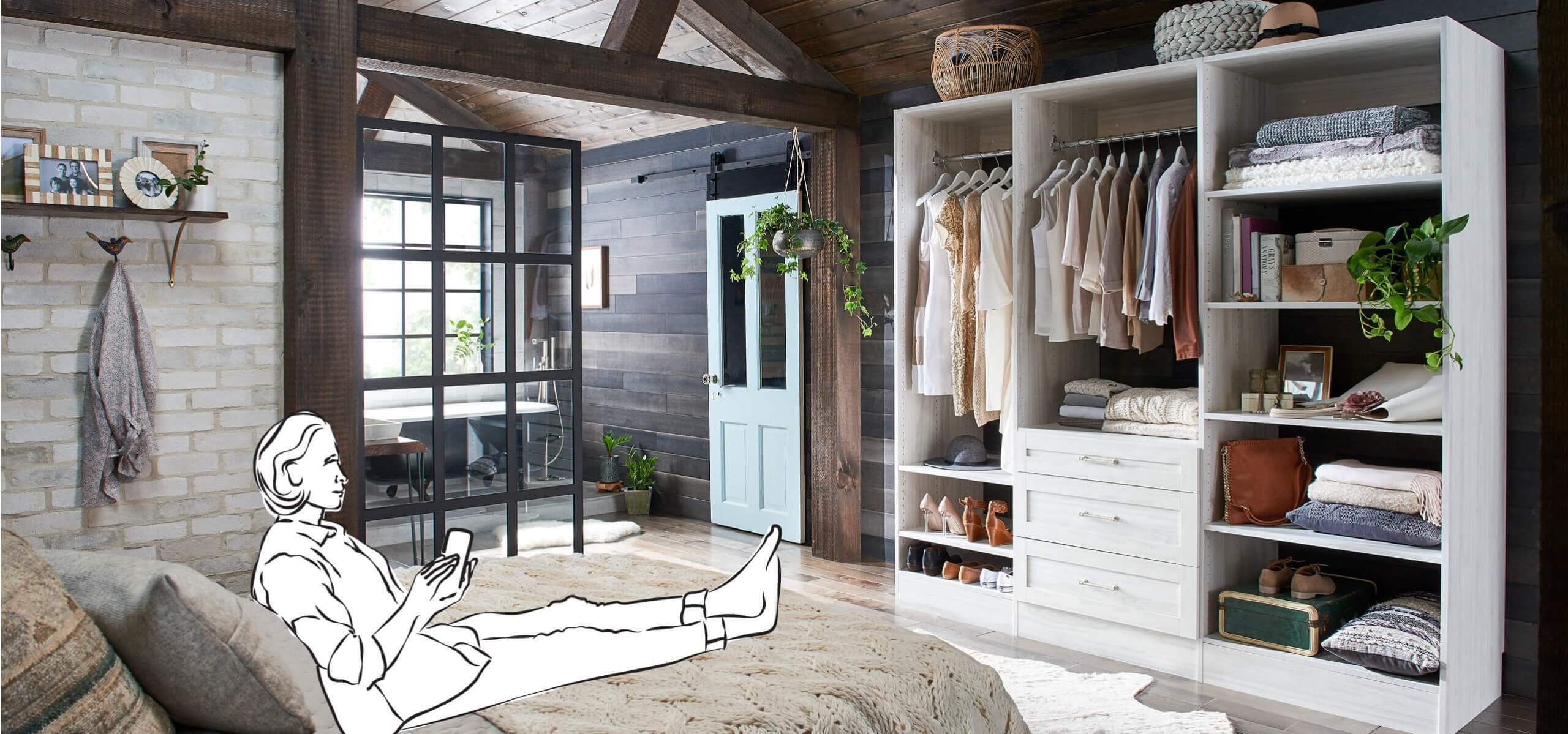 Wood Shelving and Closet Drawer Units in Bedroom