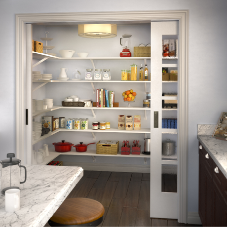 Walk-in Kitchen Pantry with Wood Shelving