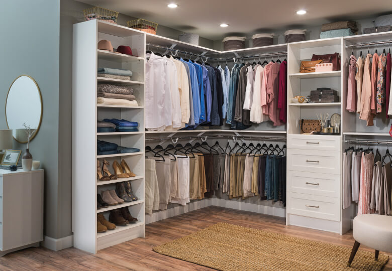 ExpressShelf shelving, combined with MasterSuite towers, gives any closet a stylish feel.